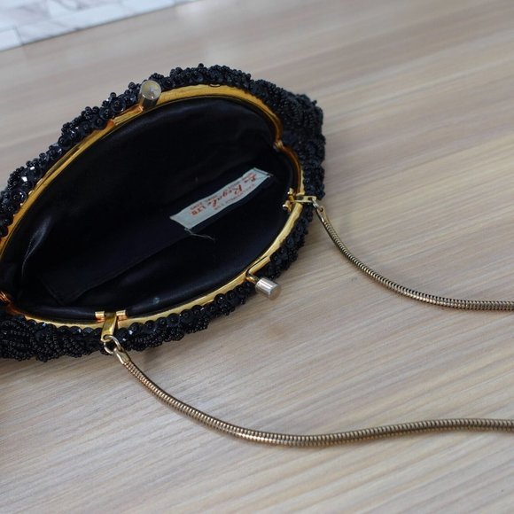VINTAGE Black Beaded Clutch Formal Evening Purse Allover Gatsby Retro LA REGALE - Picture 7 of 10